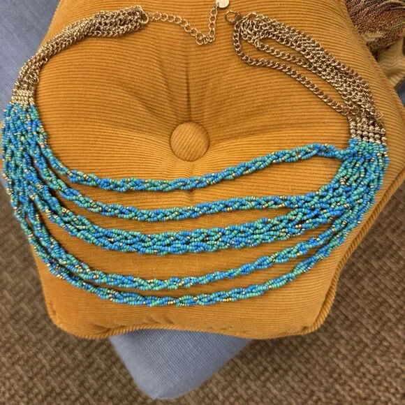 Talbots Seedbead Necklace Gold Tone Turquoise Blue Teal Multi Strand Boho Chic - Picture 2 of 4